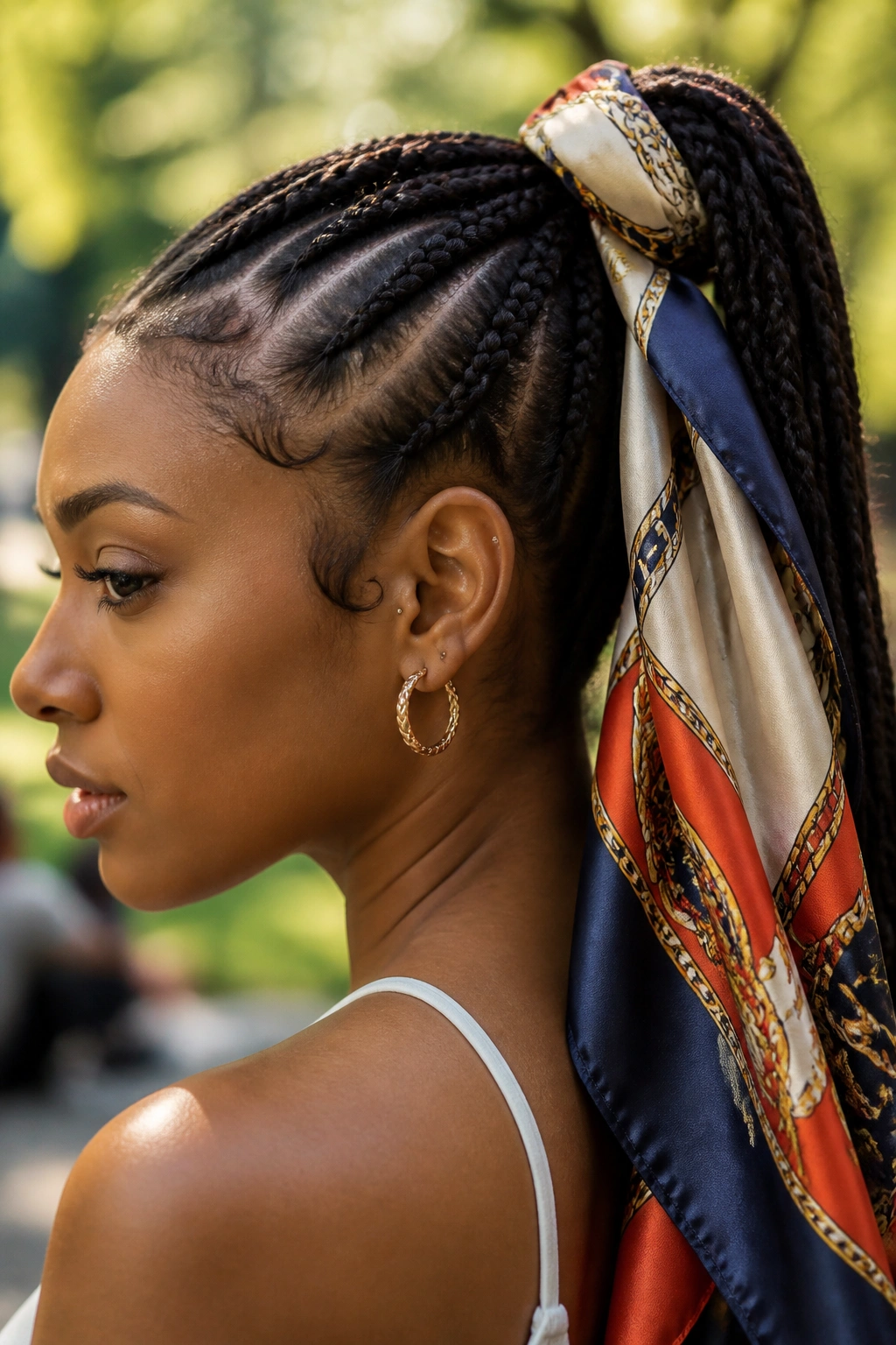 Portrait of a person wearing a silk scarf tied around a braided ponytail