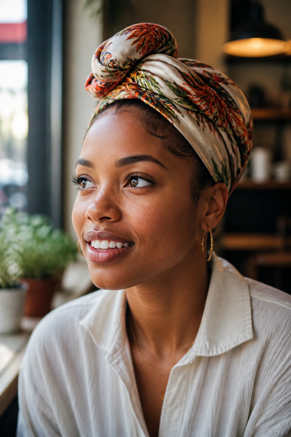 Close-up of a woman wearing a silk scarf head wrap