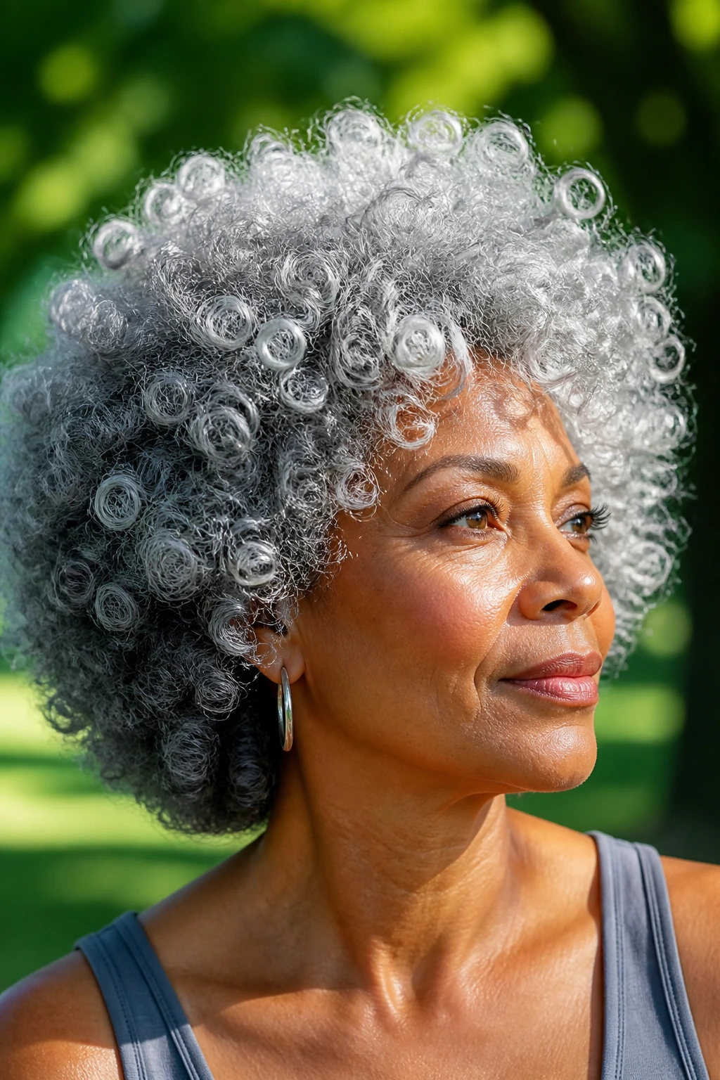 Close-up of a real woman with a silver afro hairstyle in natural sunlight