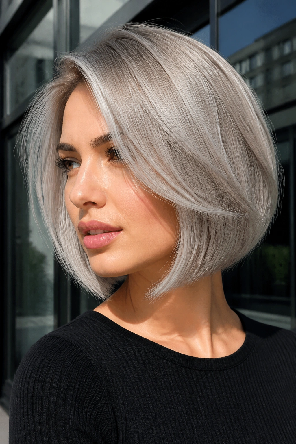 Close-up portrait of a woman with silver-toned ash blonde hair in a sleek short bob.