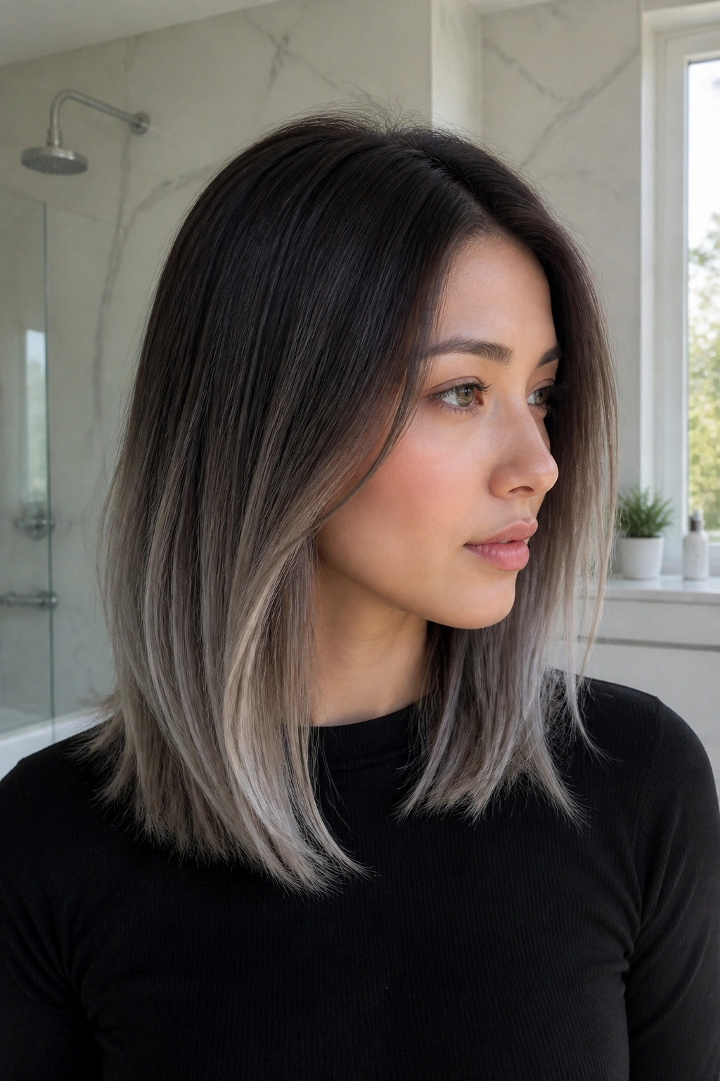 Close-up of a real woman with cool brunette silver ash ombre in a bright bathroom