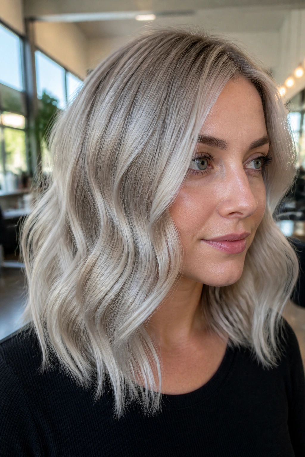 Close-up of a real woman with silver ash blonde waves and glossy finish
