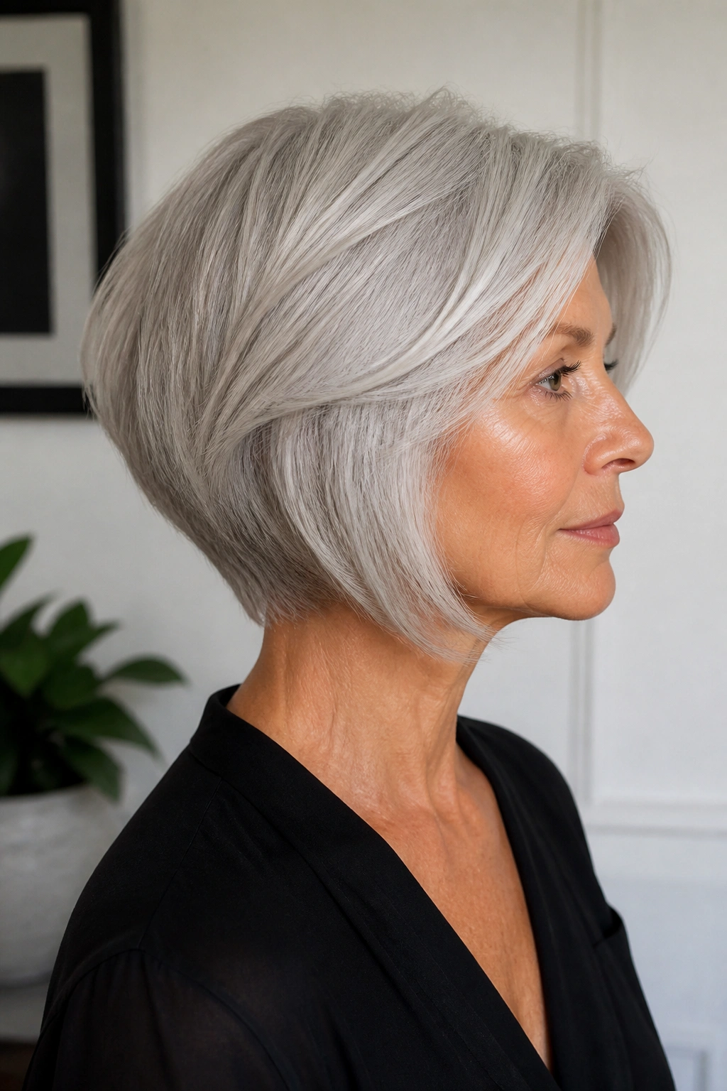 Side profile of a real woman with a silver asymmetrical haircut featuring a quiet edge.
