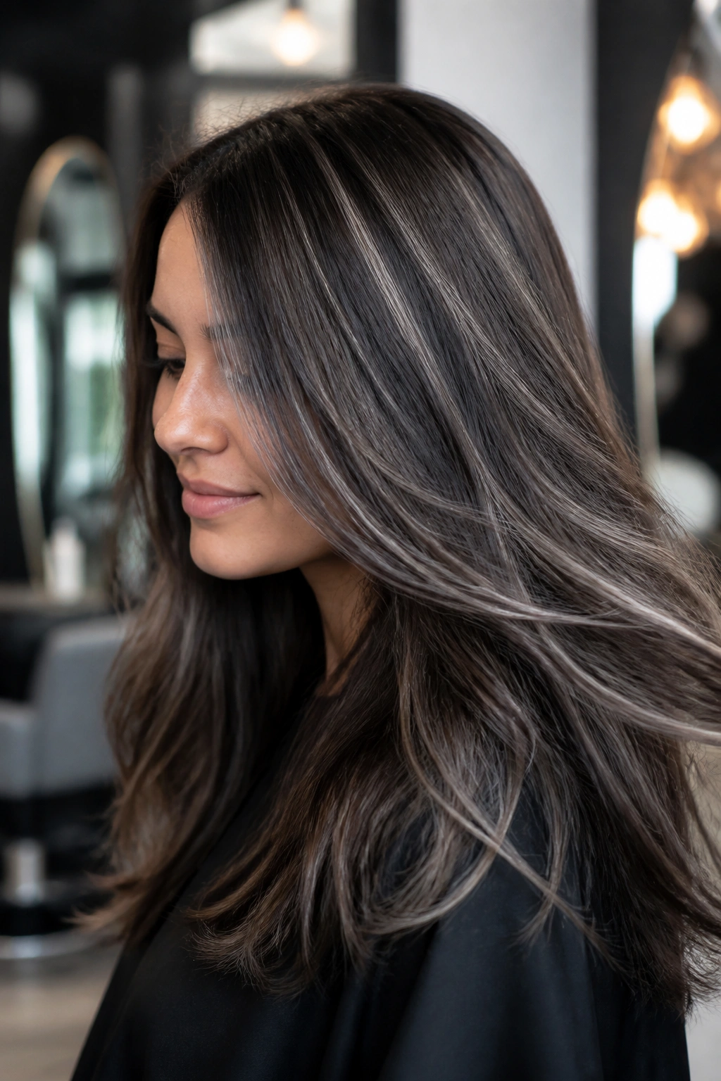 Close-up of silver babylights threaded through dark chocolate brown hair on a real person in natural window light.