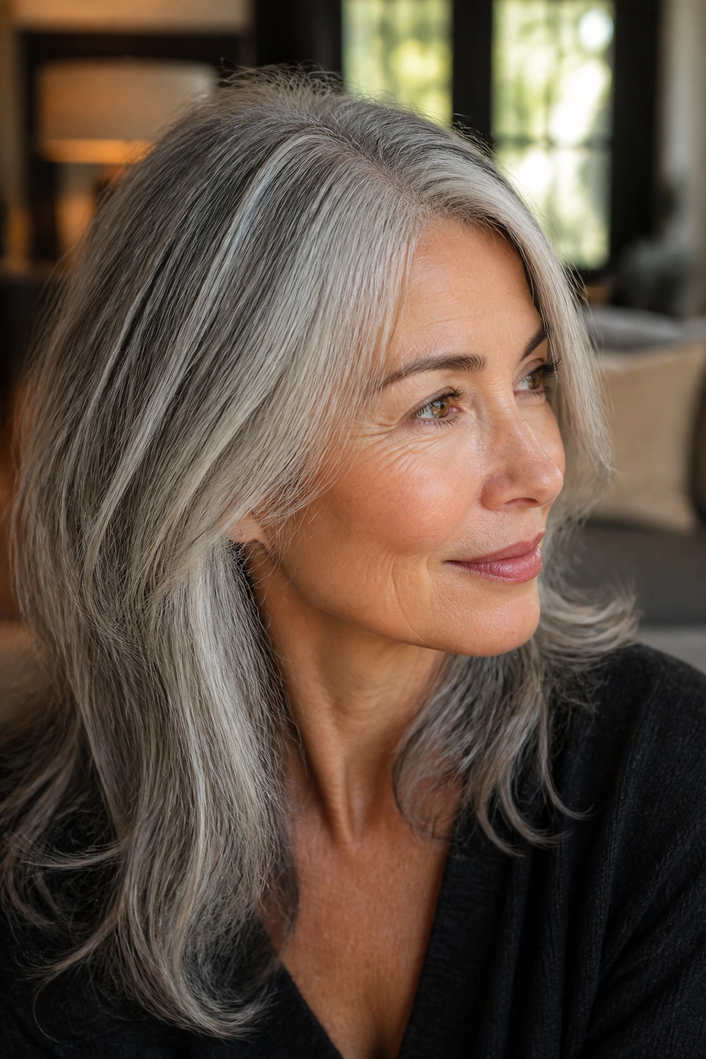 Close-up portrait of a real woman with silver babylights on grey hair