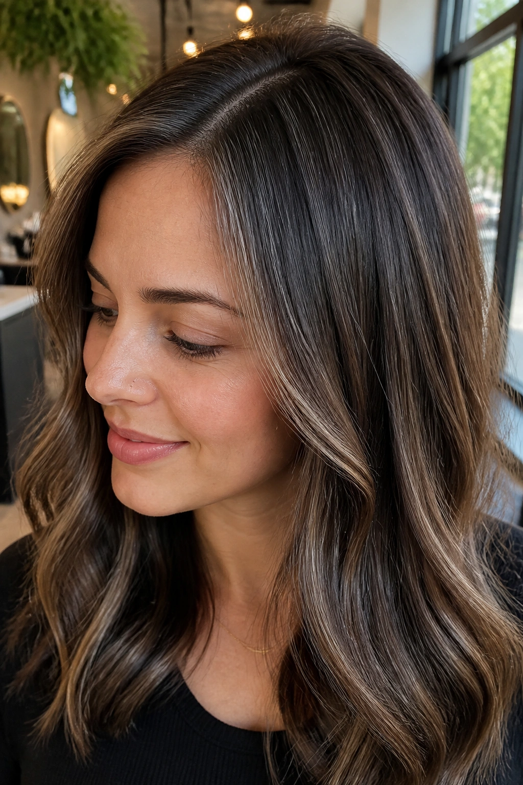 Close-up portrait of a real person with smoky silver babylights on medium brown hair by a window.