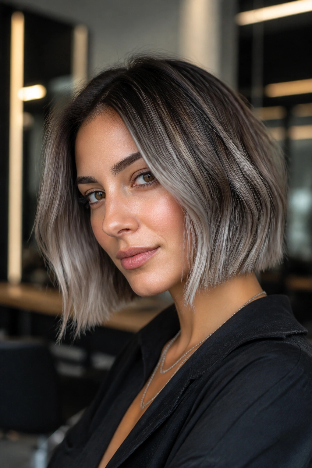Portrait of a real person with silver balayage in a bob haircut