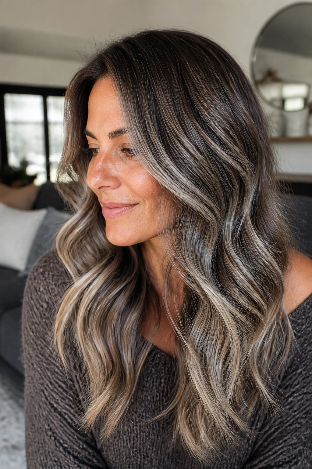 Real person with silver balayage and caramel lowlights on brown hair