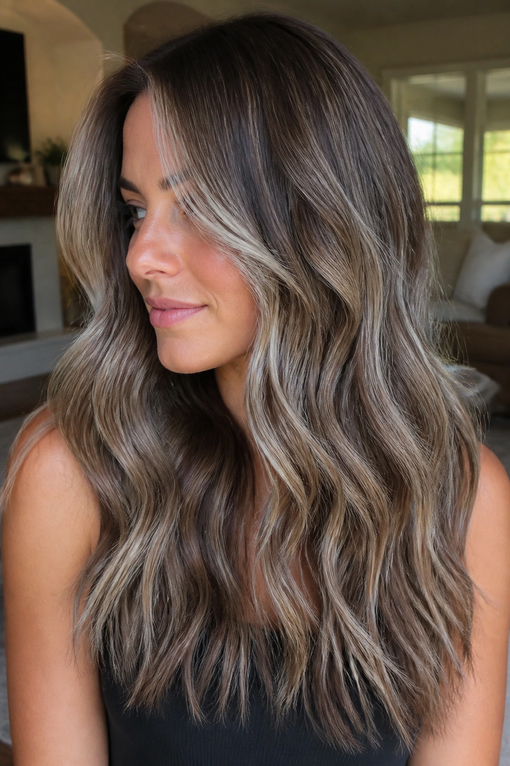 Portrait of a real person with silver balayage blending into chocolate ends on medium brown hair.