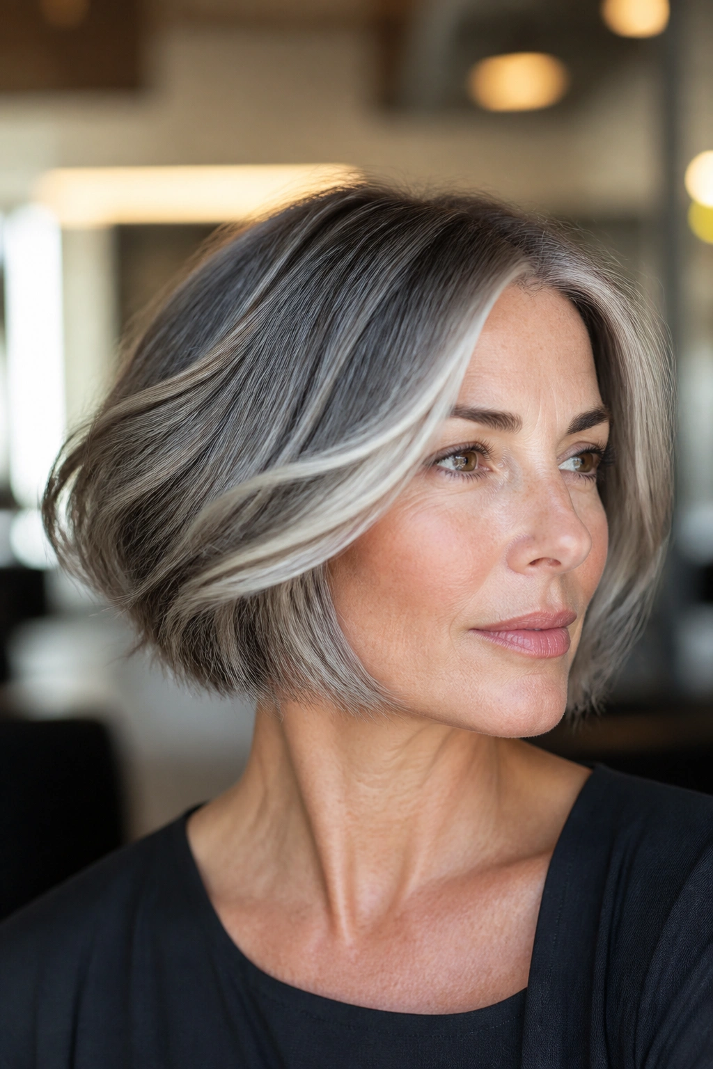 Close-up of a real woman with silver balayage on a French bob highlighting cheekbone ribbons