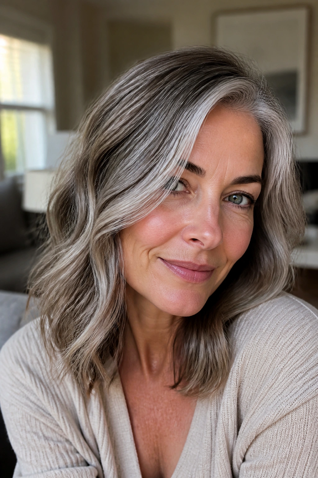 Close-up of a woman with mid-length hair showing silver balayage blending