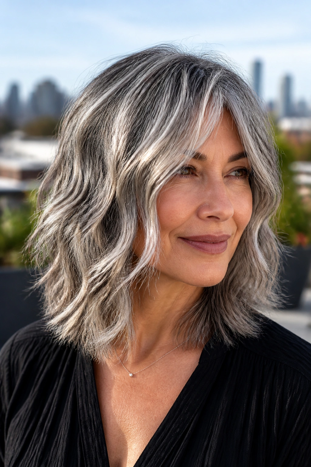 Close-up of a real woman with layered shag and silver balayage in a sunlit rooftop garden.