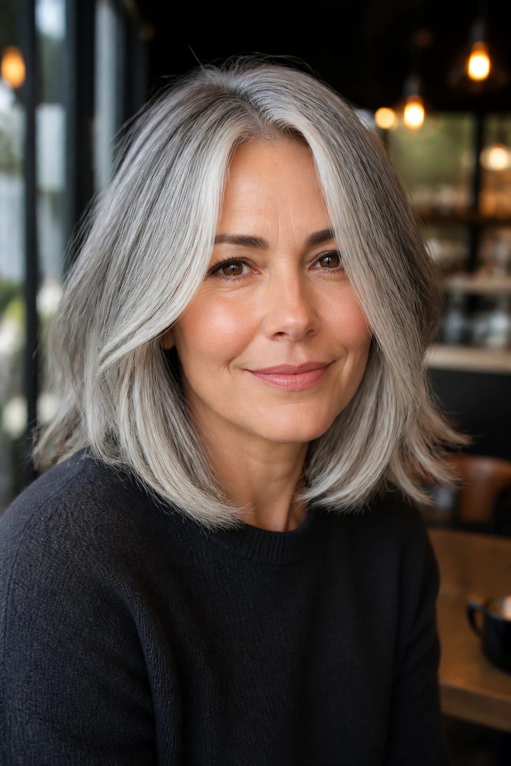 Close-up of a real woman with silver balayage on a shoulder-length lob hairstyle
