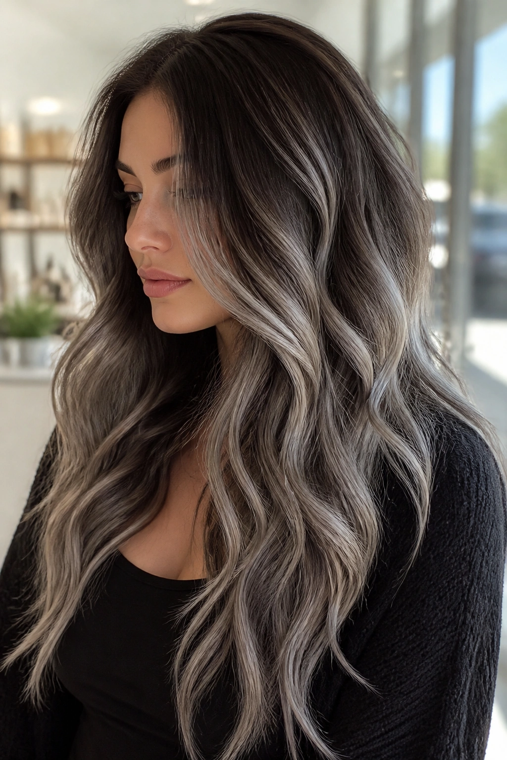Long wavy hair with silver veil balayage on a real person