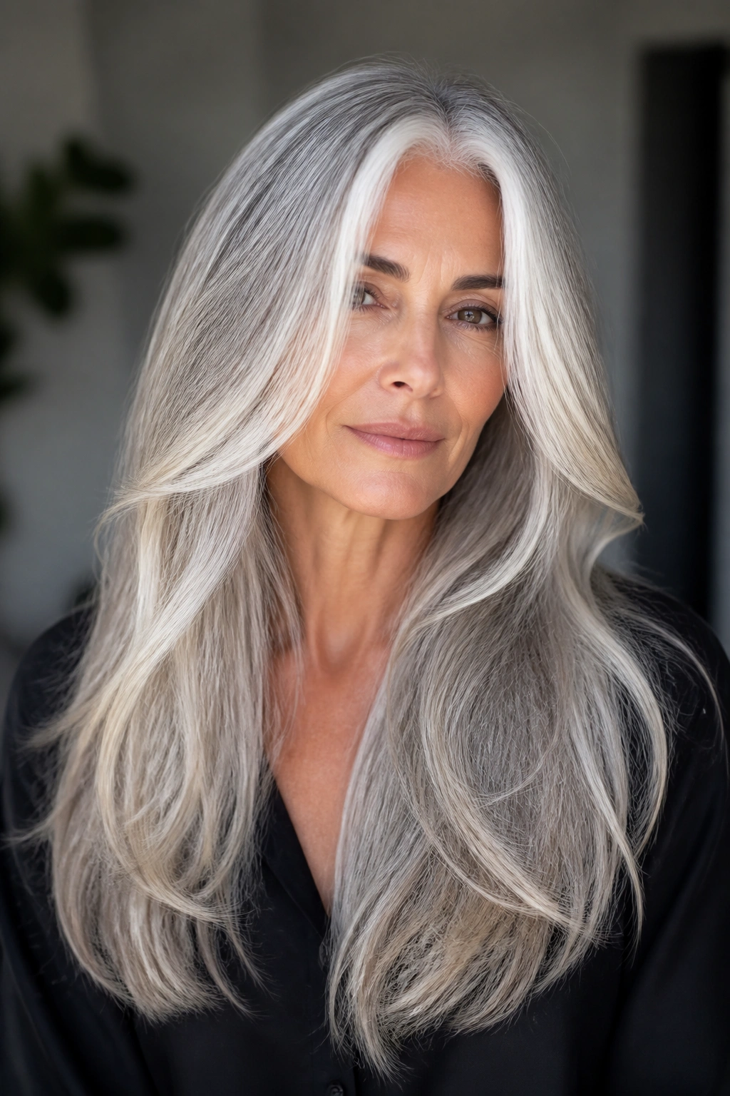 Portrait of a real person with silver-white balayage and soft ends, face-framing highlights.