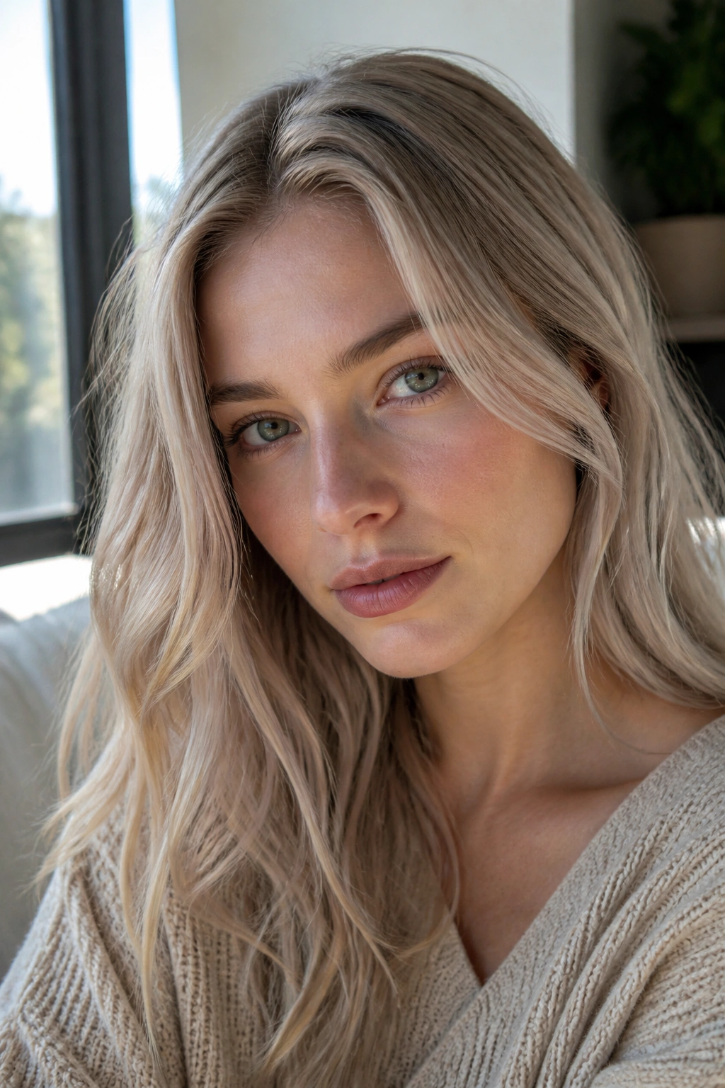 Close-up of a real person with silver beige blonde hair in soft window light