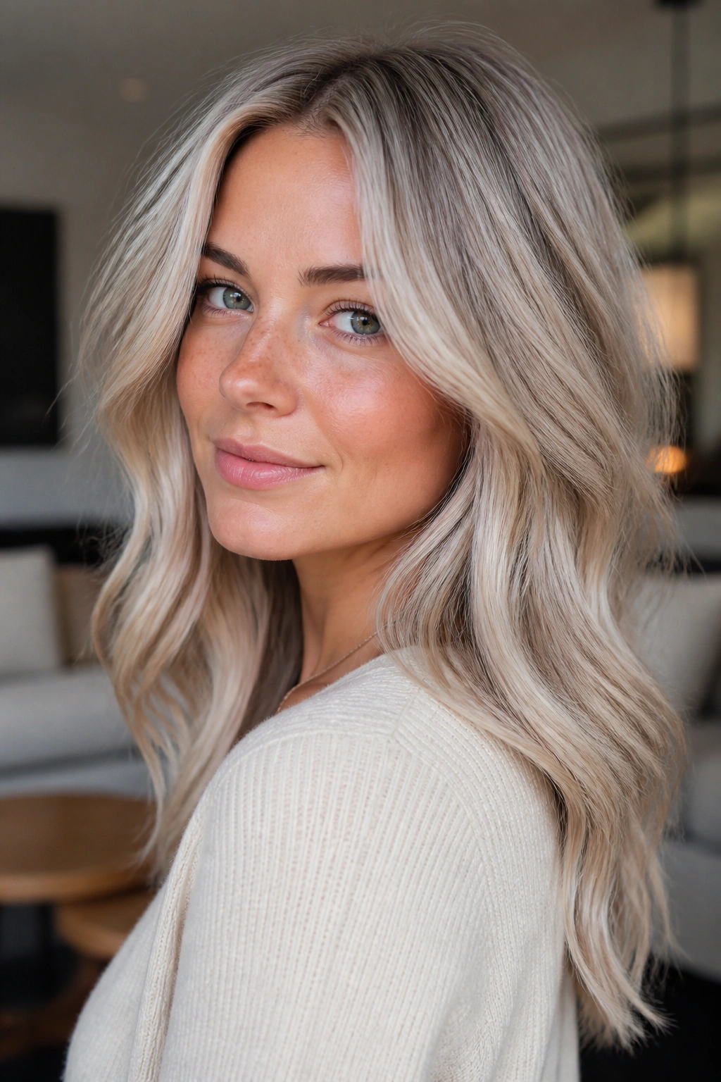 Close-up portrait of a real person with silver beige blonde hair