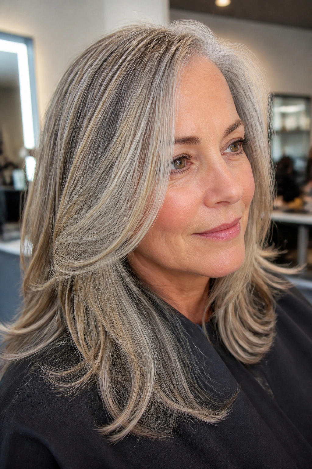 Close-up of a real woman with silver beige blending grays at the temples for a soft grow-out.