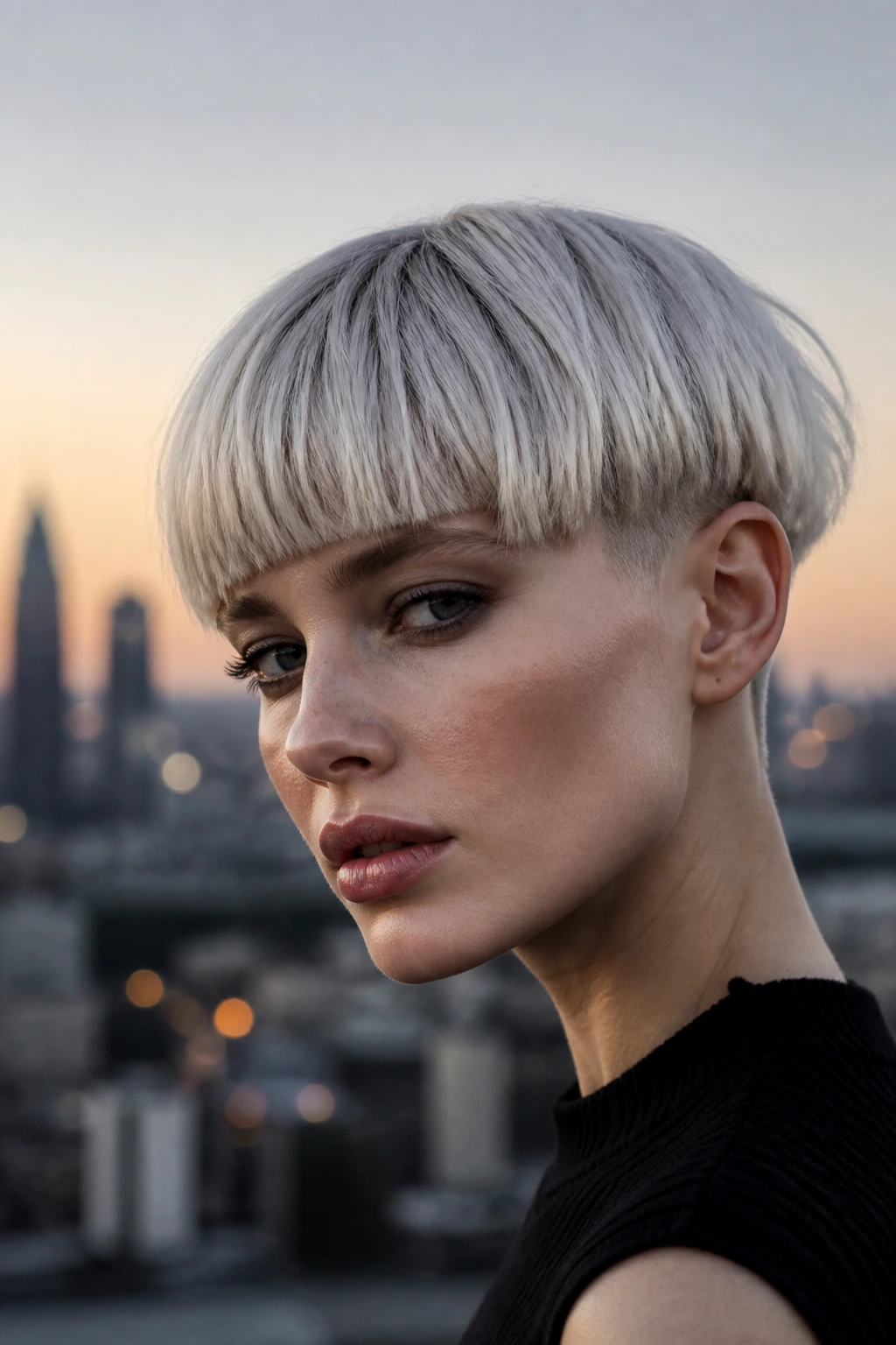 Close-up of a real person with a silver blonde bowl cut