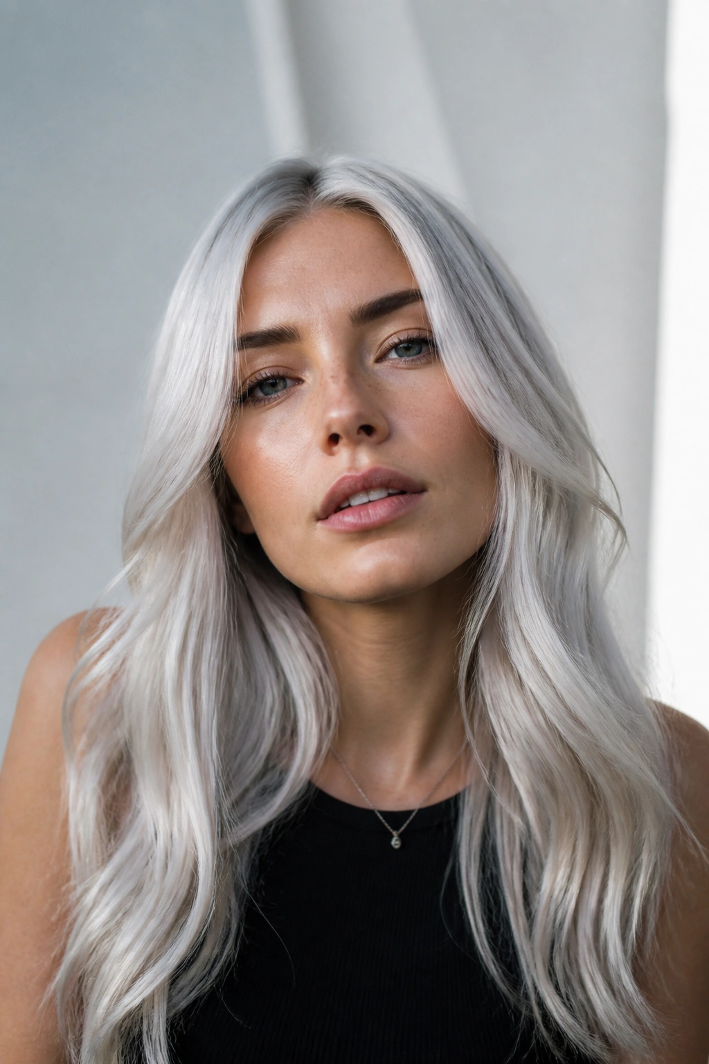 Real person with silver blonde hair and cool toner.