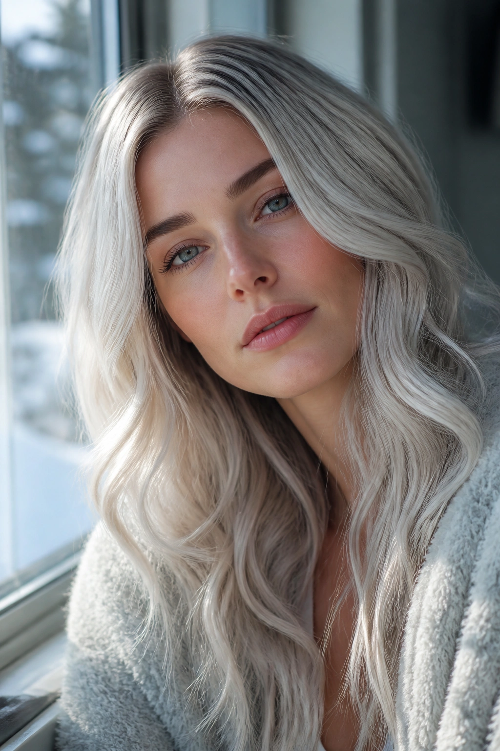 Close-up portrait of a real woman with silver blonde gloss in cool winter light