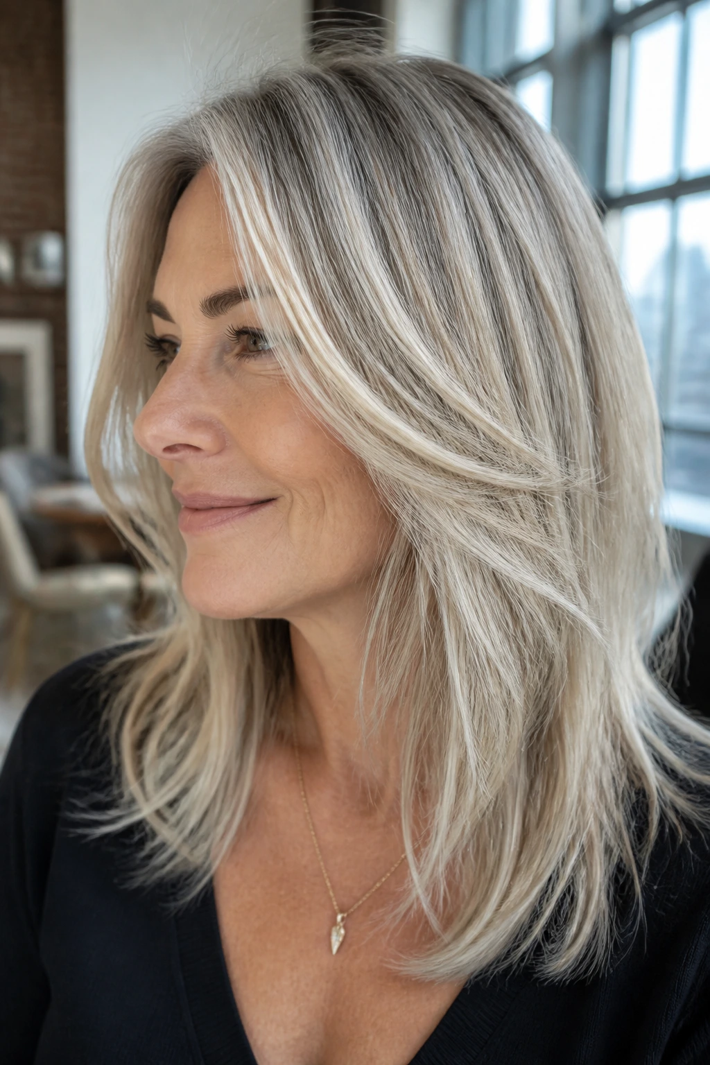 Close-up portrait of a real person with grey-blended silver blonde hair