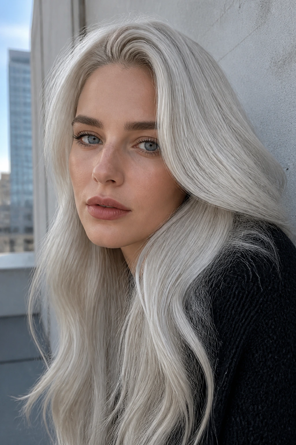 Close-up portrait of silver blonde hair with metallic shine