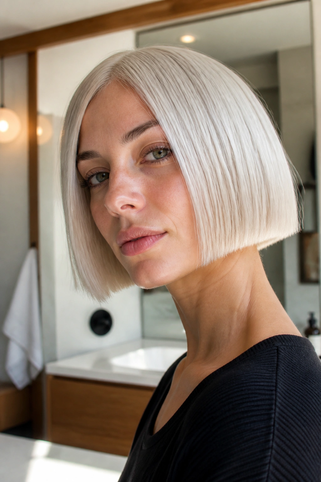 Close-up of a real person with a silver-blonde micro bob and blunt ends in a softly lit bathroom.
