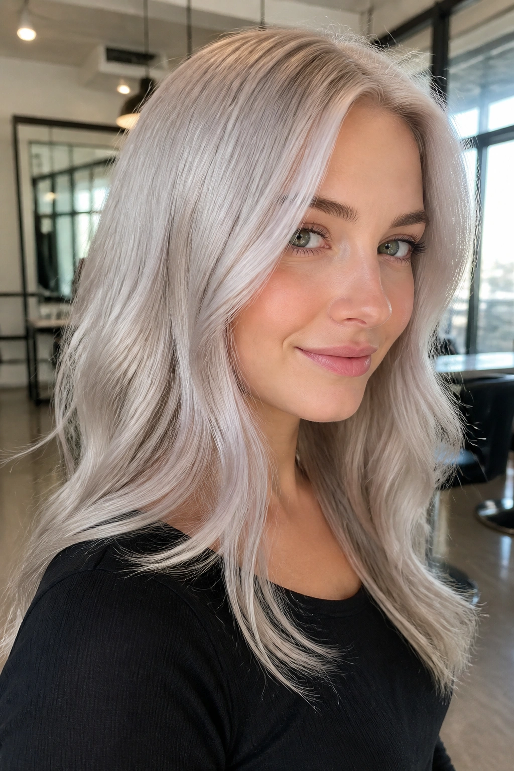 Portrait of a woman with Scandinavian silver blonde under bright window light in a salon