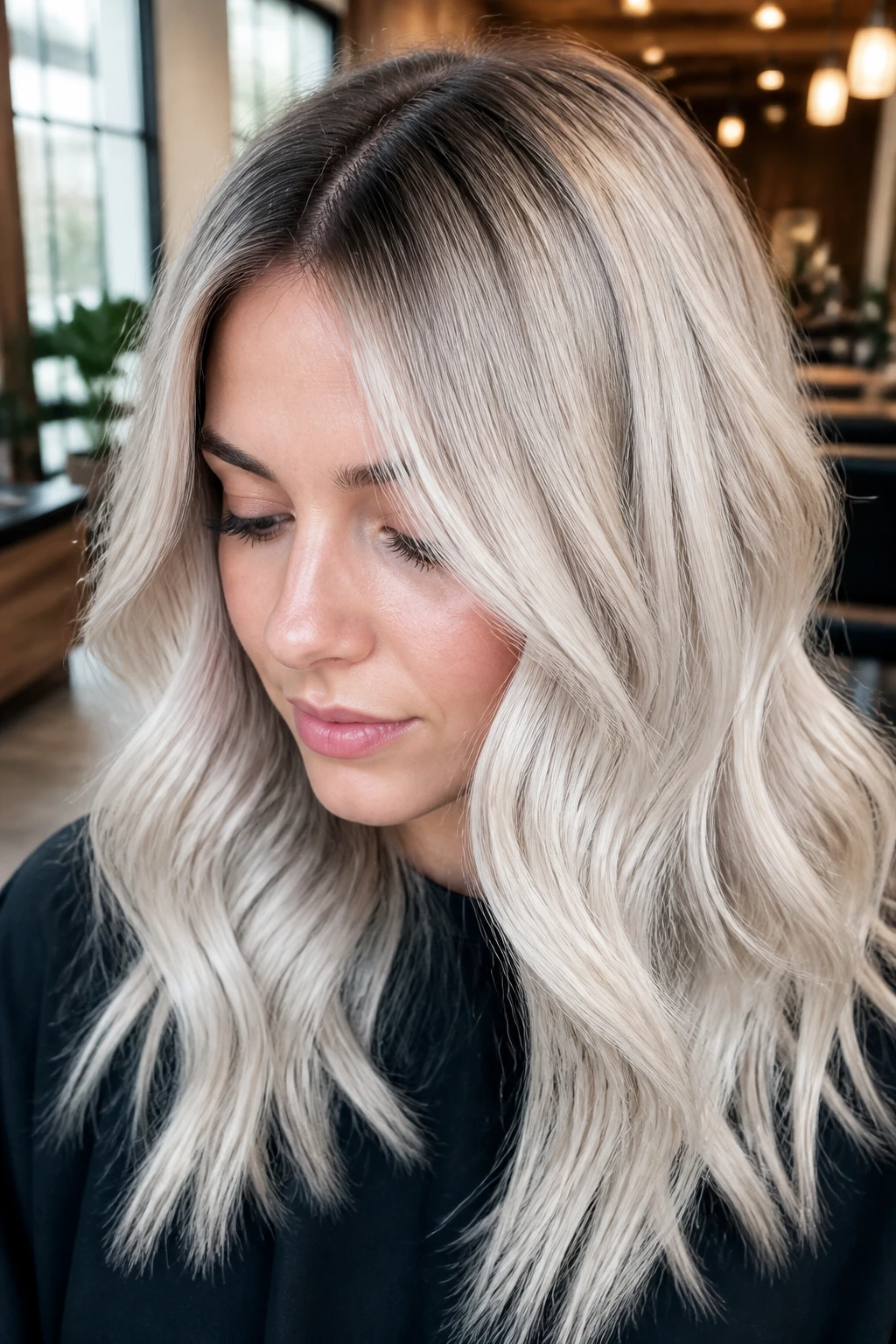 Close-up portrait of a real person with silver blonde hair and root shadow.