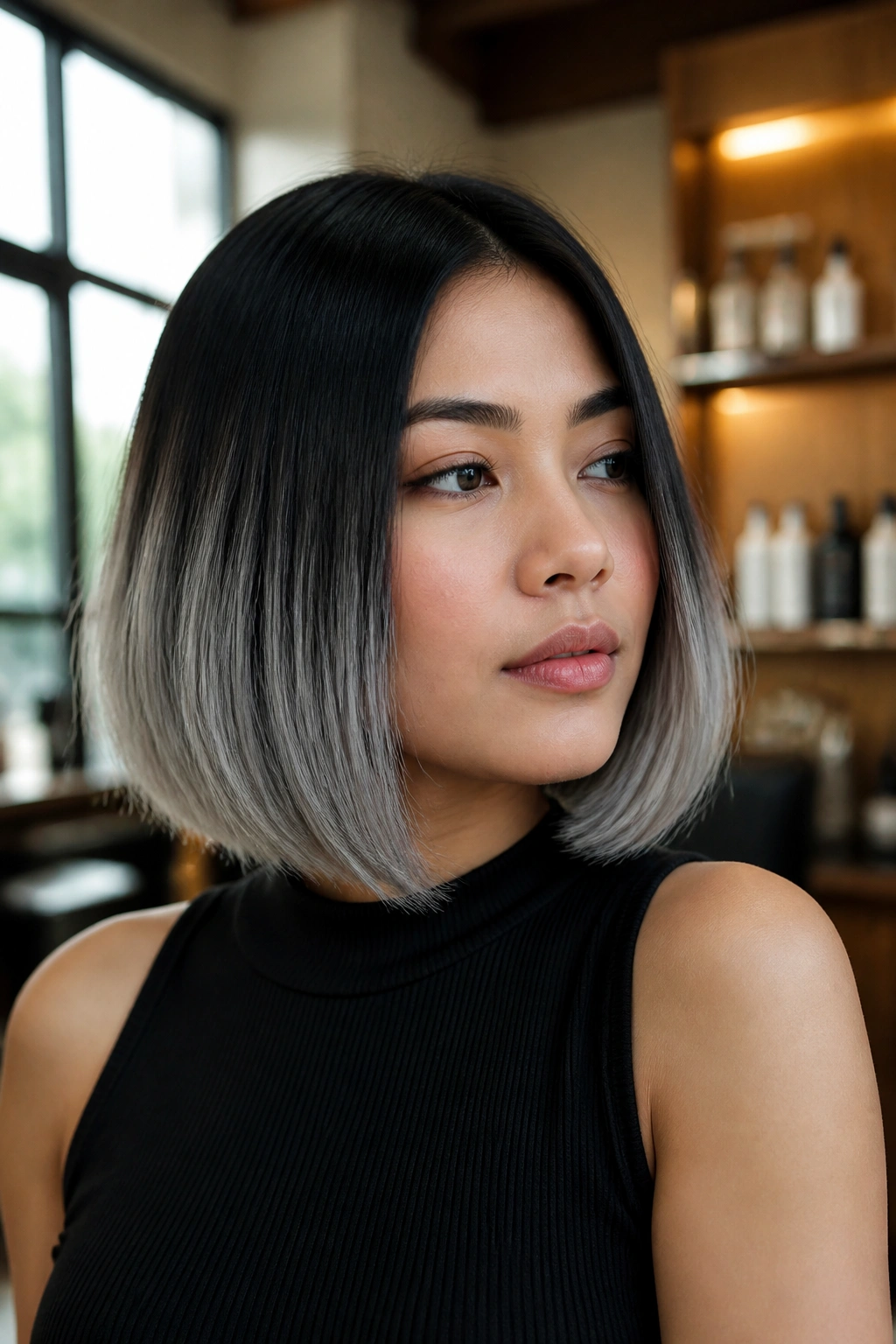 Close-up portrait of a real woman with blunt bob and silver ends in a smoky gradient