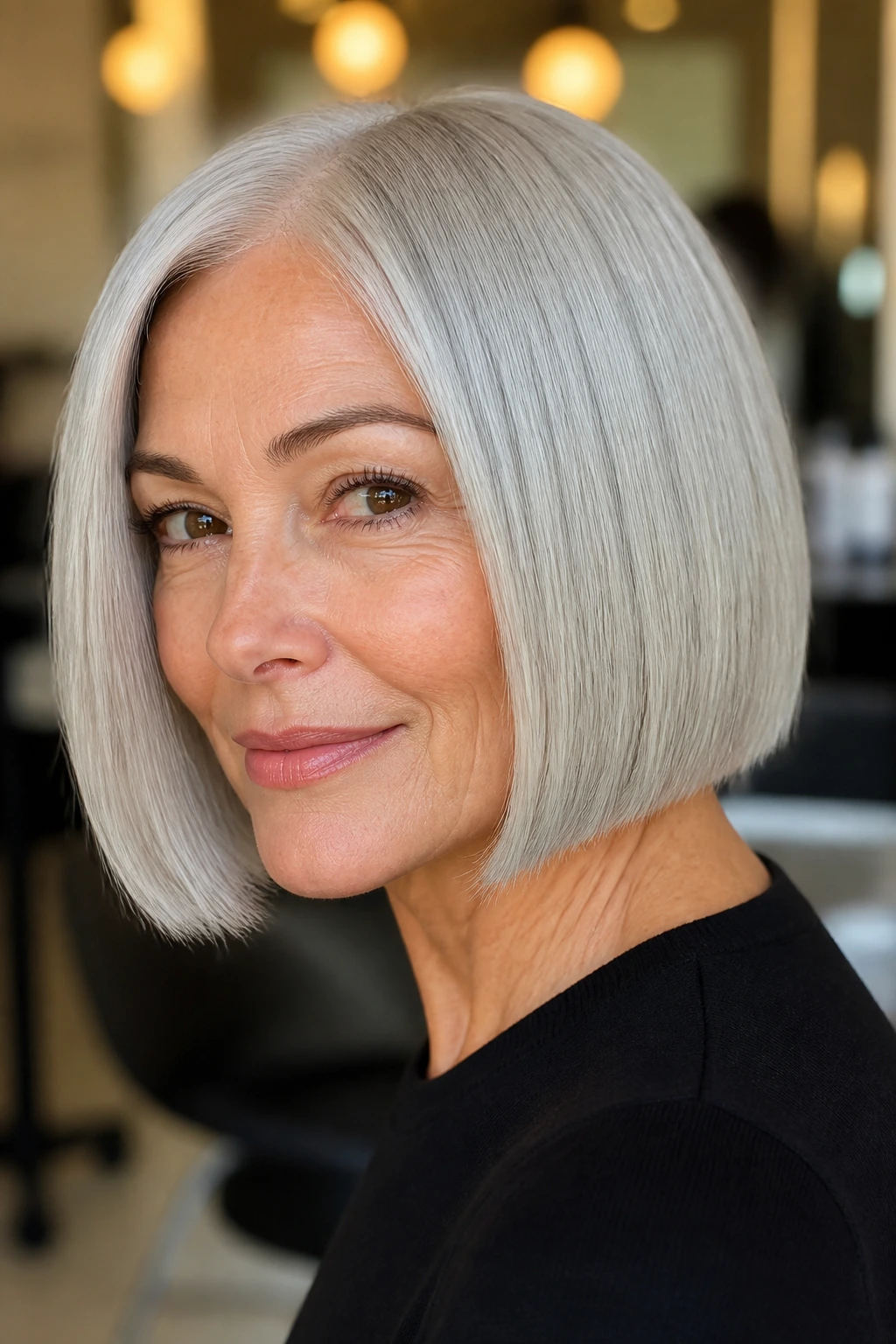 Close-up of a real woman with a classic silver blunt cut at jaw length in a salon setting