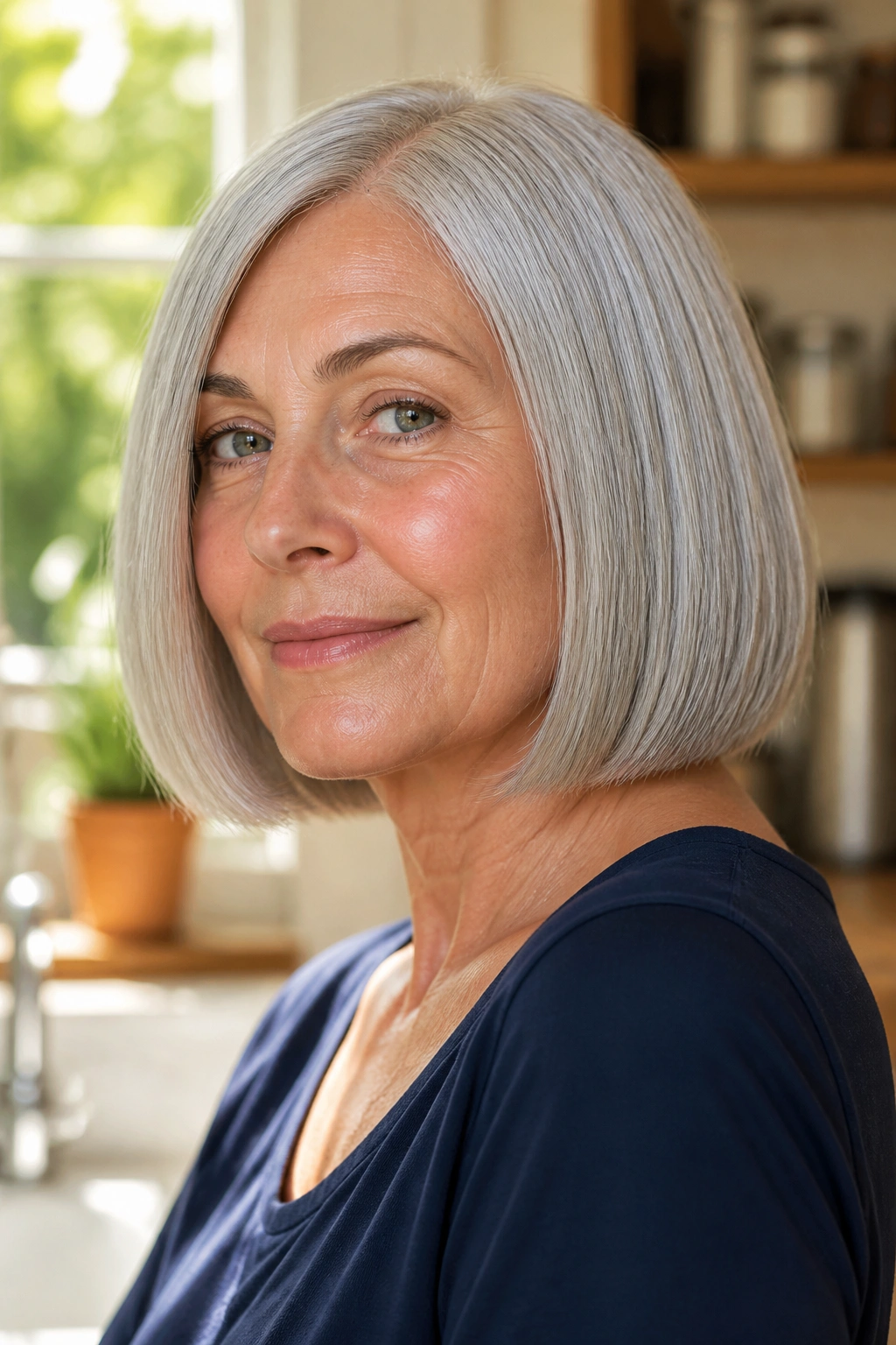 Close-up portrait of a real woman with a silver blunt bob
