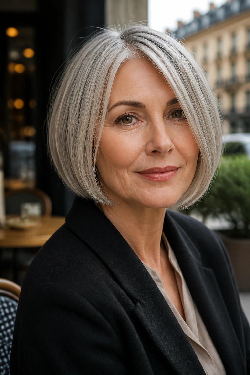 Close-up of a real woman with a silver bob on a cafe terrace.