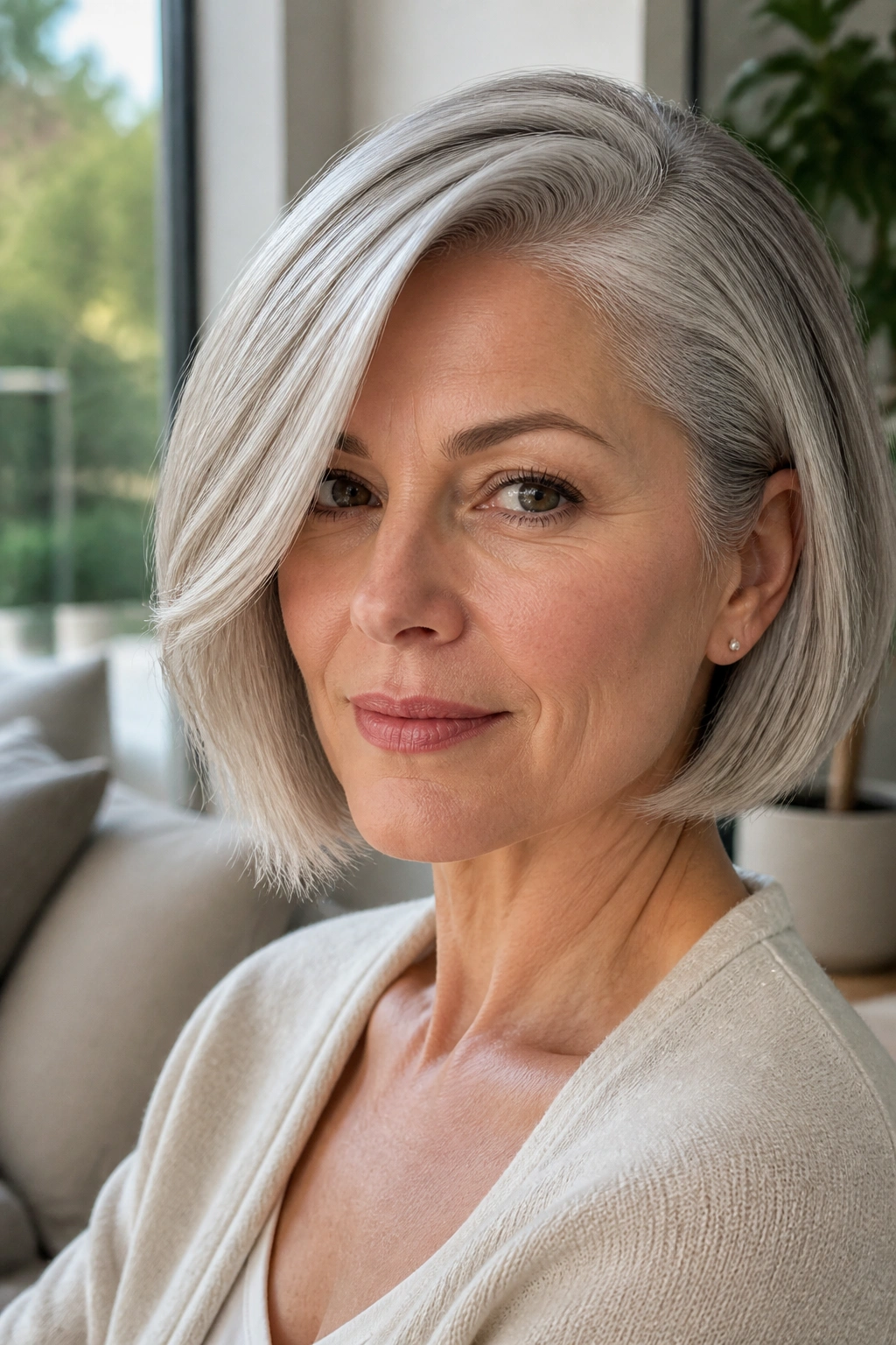 Close-up of a real woman with a silver bob and deep side part in a bright living room.