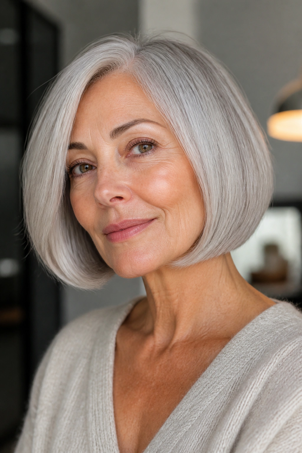 Close-up portrait of a real woman with a silver bob and tucked-under ends