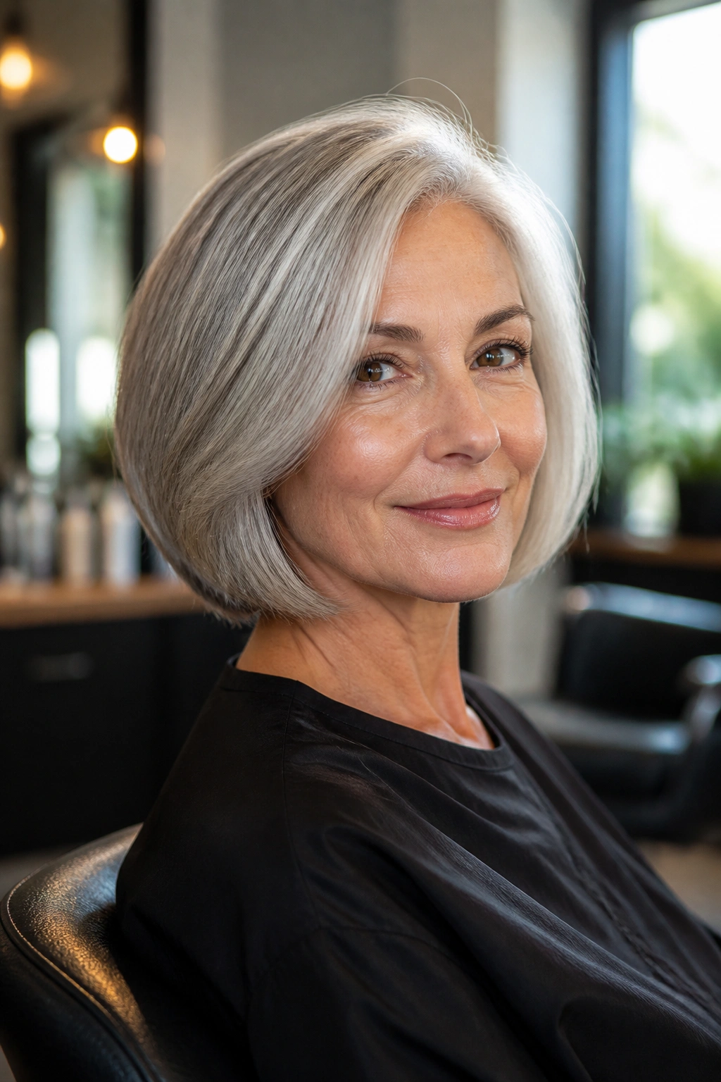Close-up portrait of a real woman with a jaw-length polished silver bob in soft window light