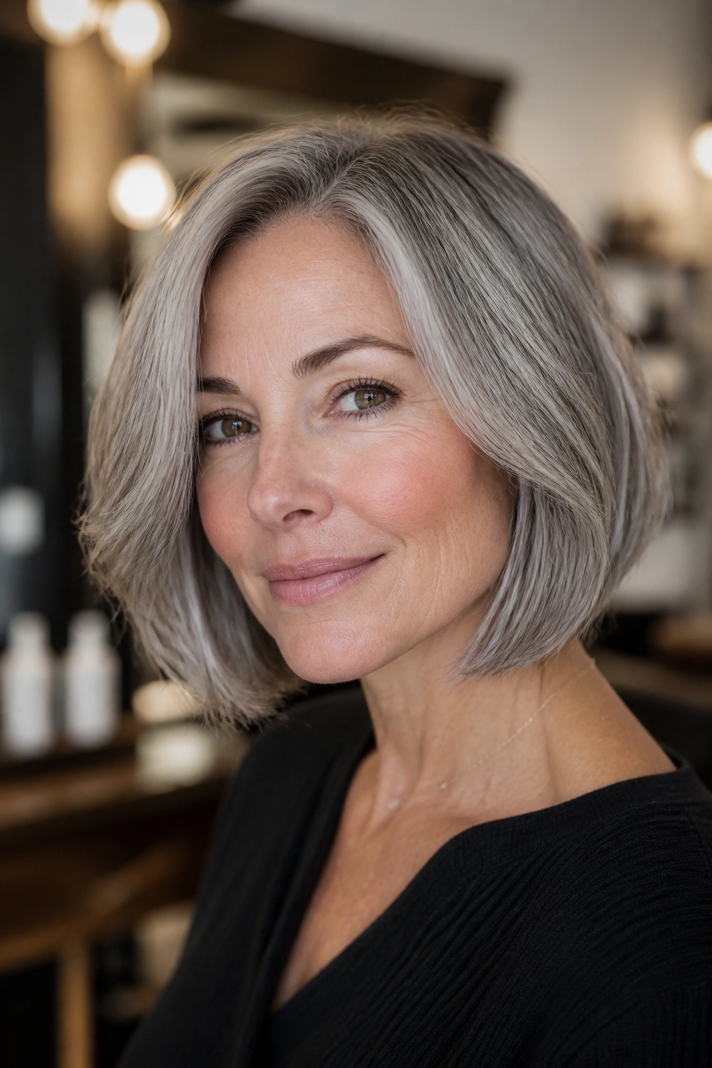 Close-up of a real woman with a smoky silver bob and soft ends.
