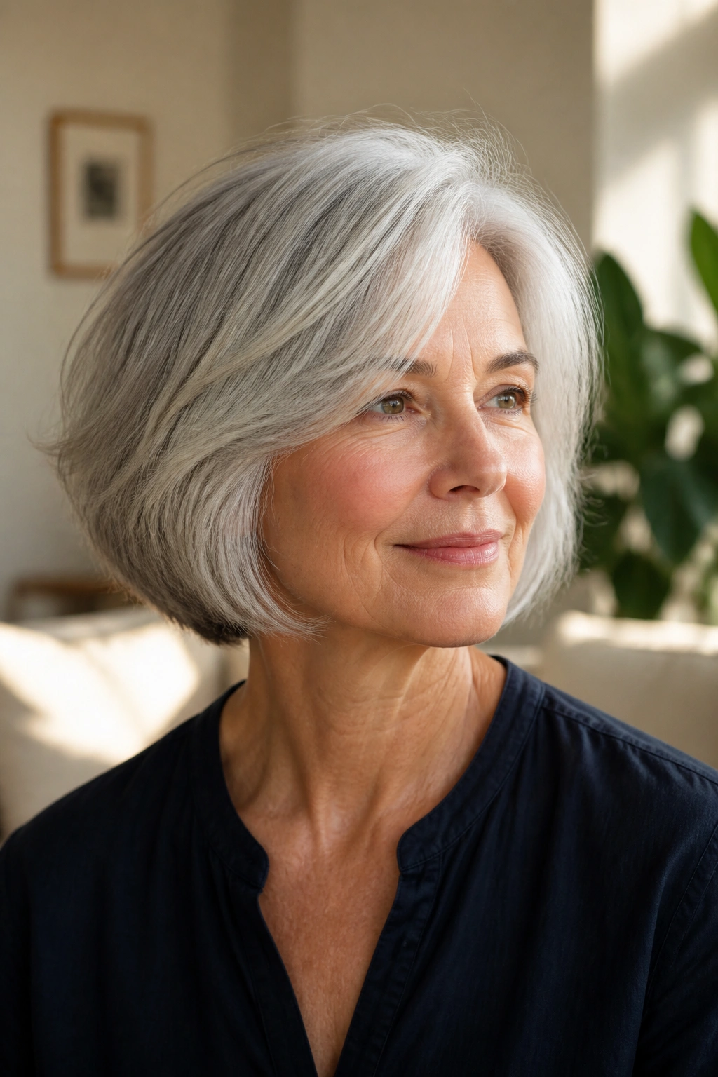 Close-up of real woman with silver bob and natural texture