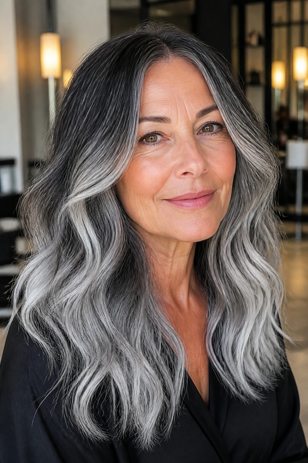 Close-up of a real woman's charcoal-to-silver ombré hair in a warm salon