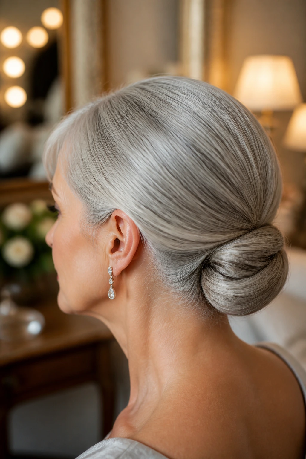 Close-up of a real woman's head showing a polished silver chignon hairstyle