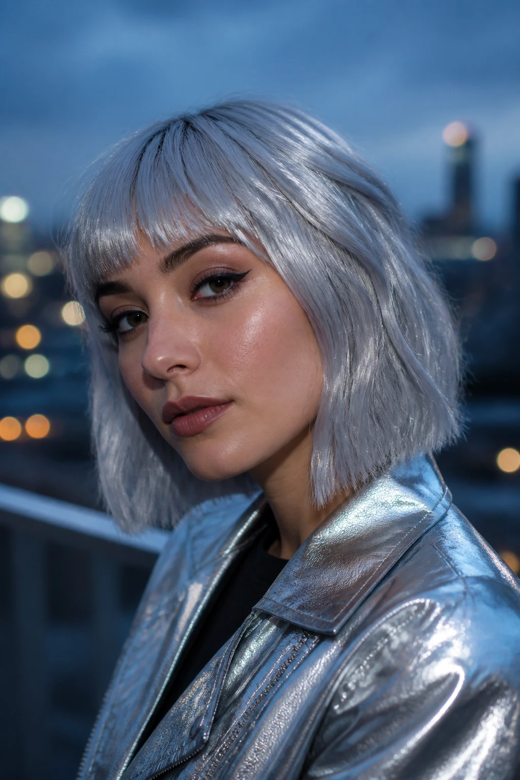 Close-up of a real person with silver chrome hair under blue-hour city lights