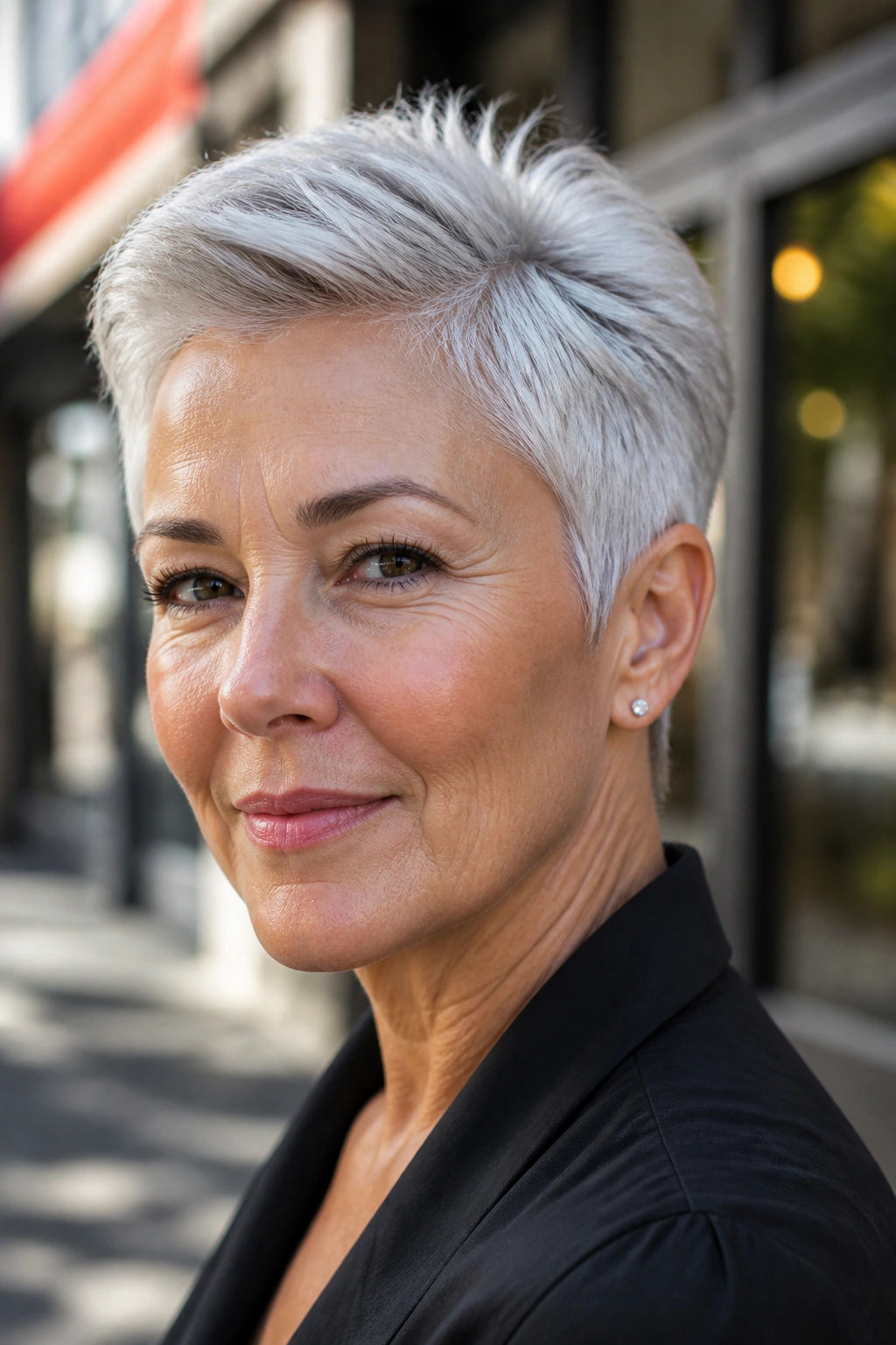 Real woman with a sharp all-silver crop and crisp edges in daylight
