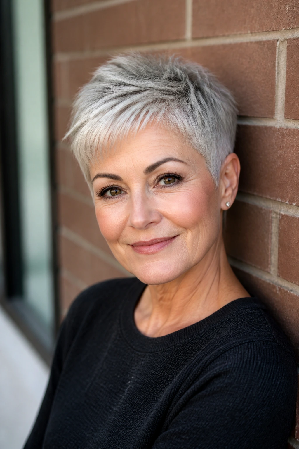 Close-up of a real woman with a silver cropped pixie hairstyle