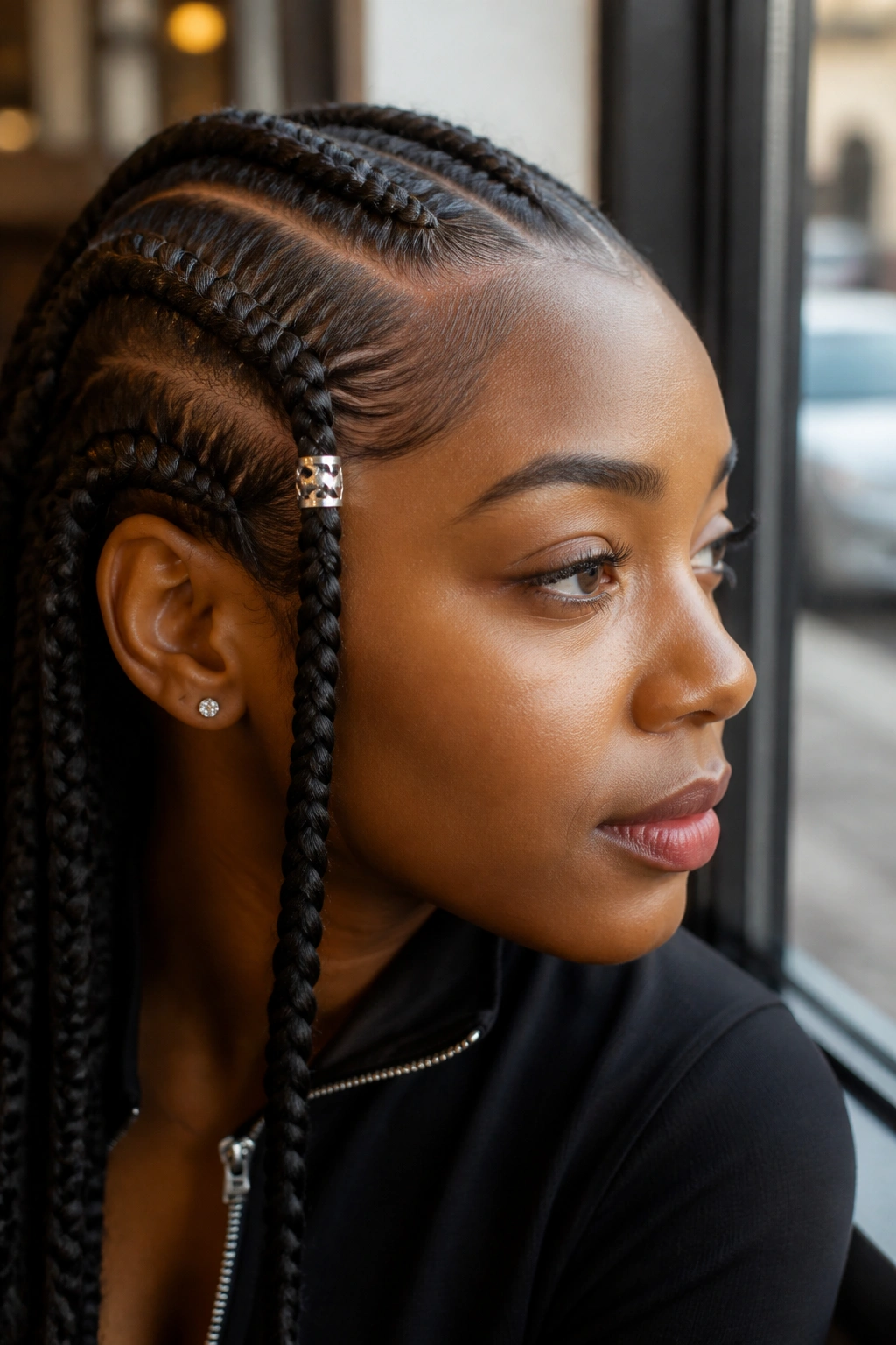 Portrait close-up of a real person wearing a silver open-ring cuff on a braid near the temple
