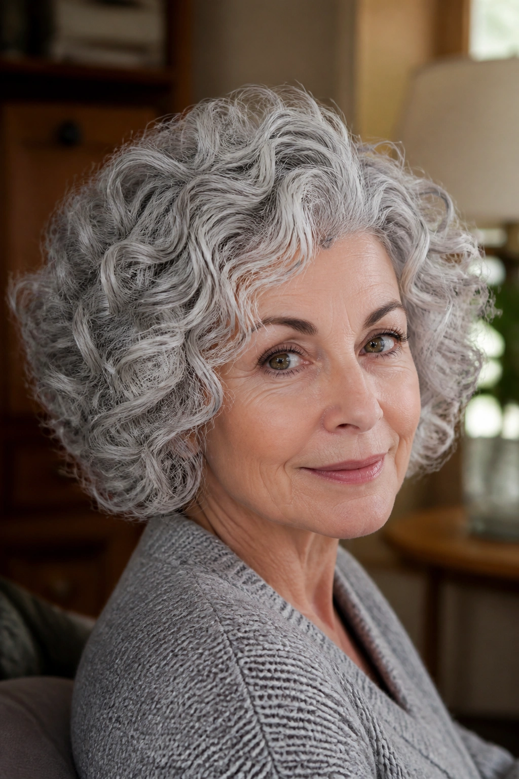 Close-up of a real woman with silver curls in a rounded shape, natural window light