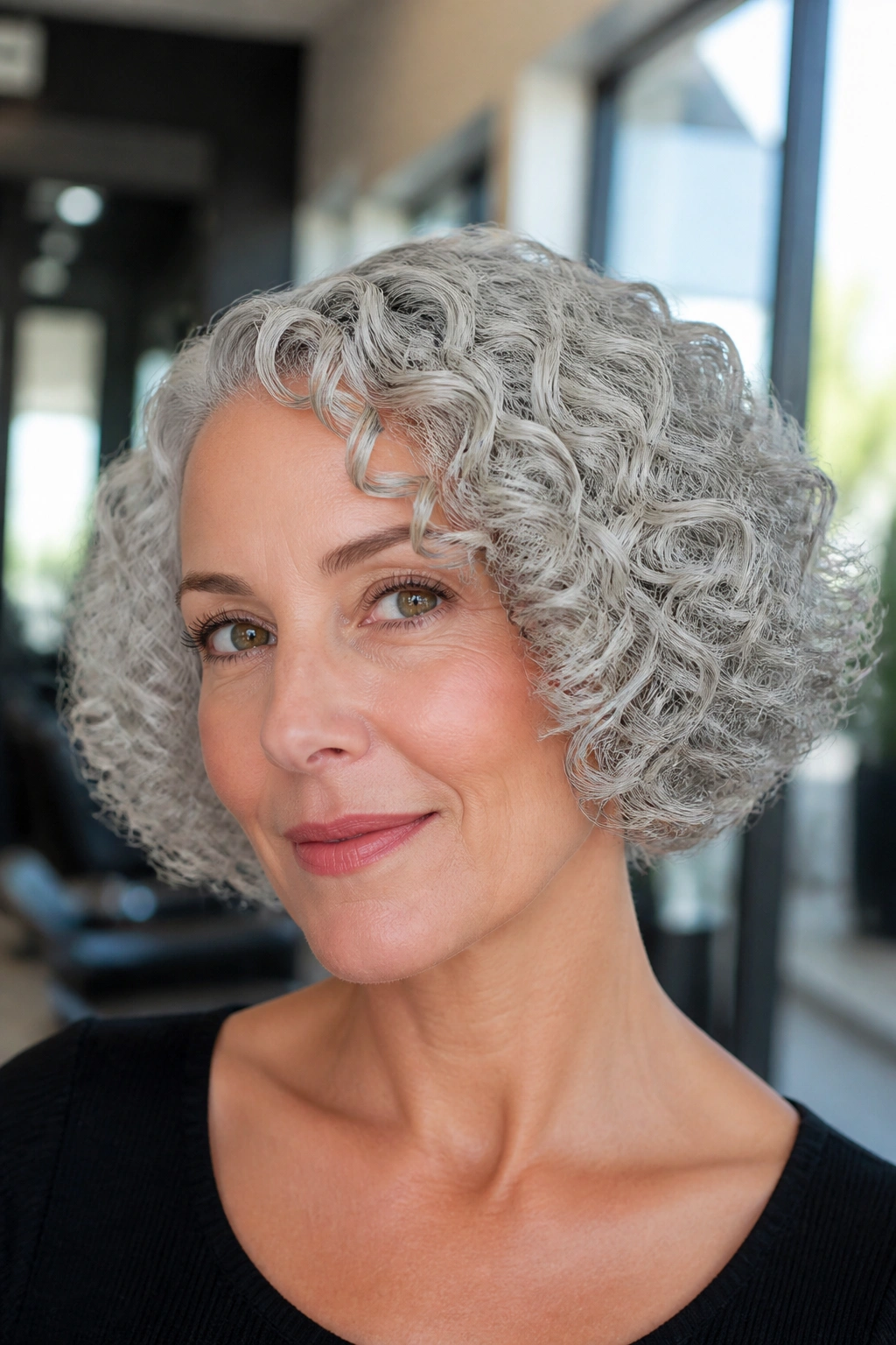 Close-up of a real woman with glossy silver curls in a rounded short hairstyle