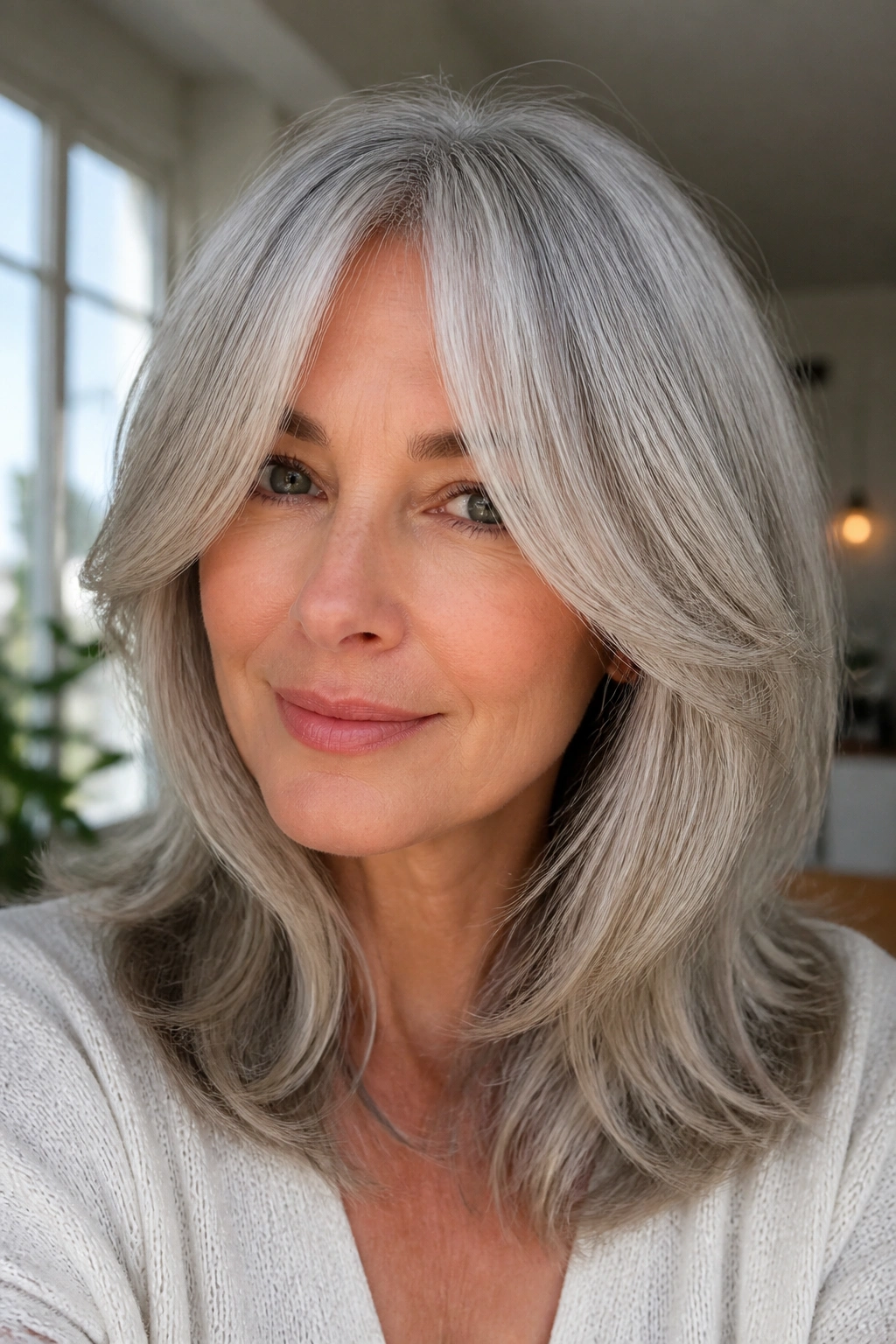 Close-up portrait of a real woman with silver-blending curtain bangs