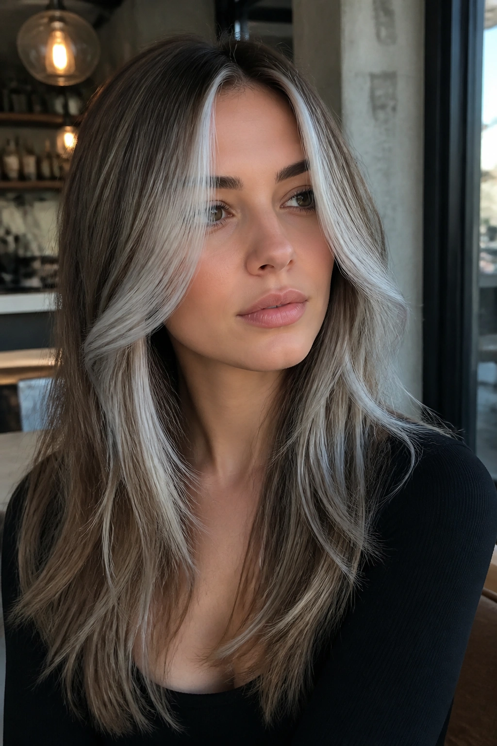 Portrait of a woman with icy silver face frame on long layered hair in a cool setting