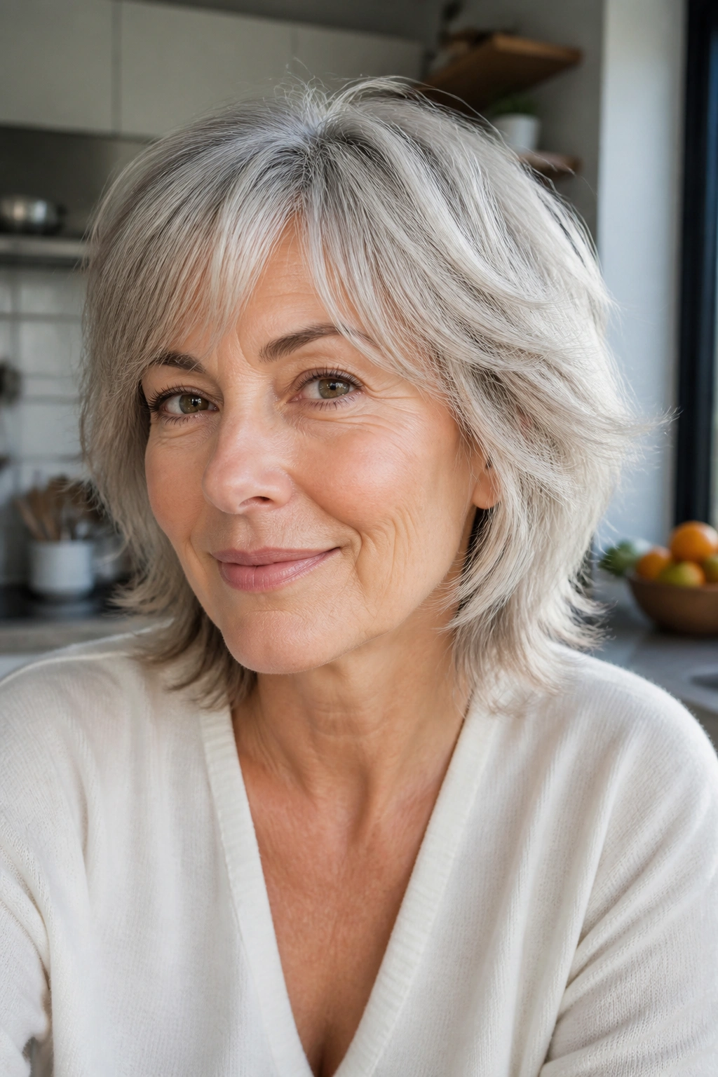 Close-up of a real woman with silver fox shag and airy layers in a sunny kitchen